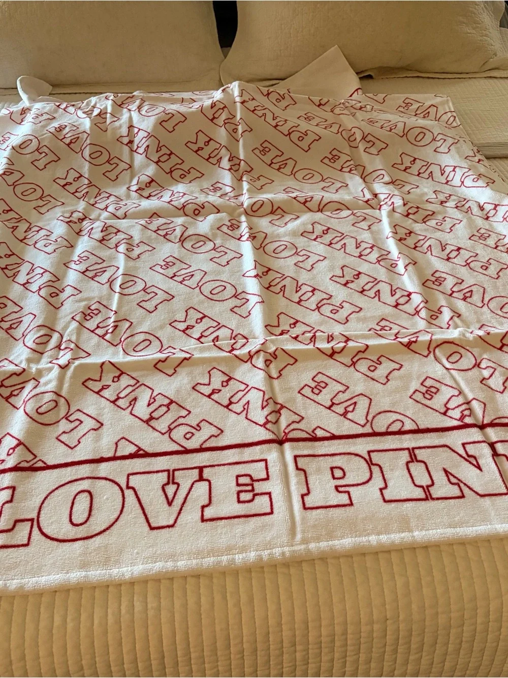 PINK Victoria's Secret White Towel with Red Lettering Outline